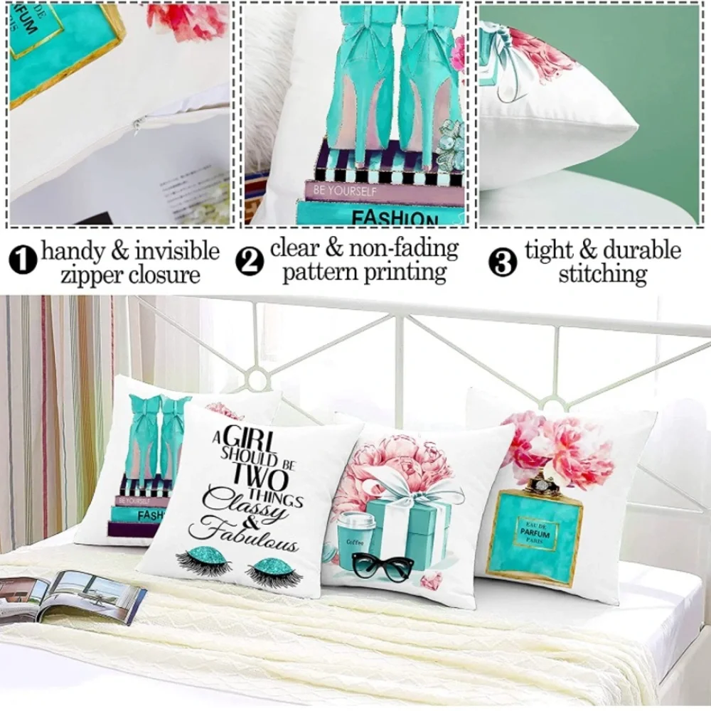 Set of 4 18x18 Decorative Pillow Covers Teal White Fashion Style